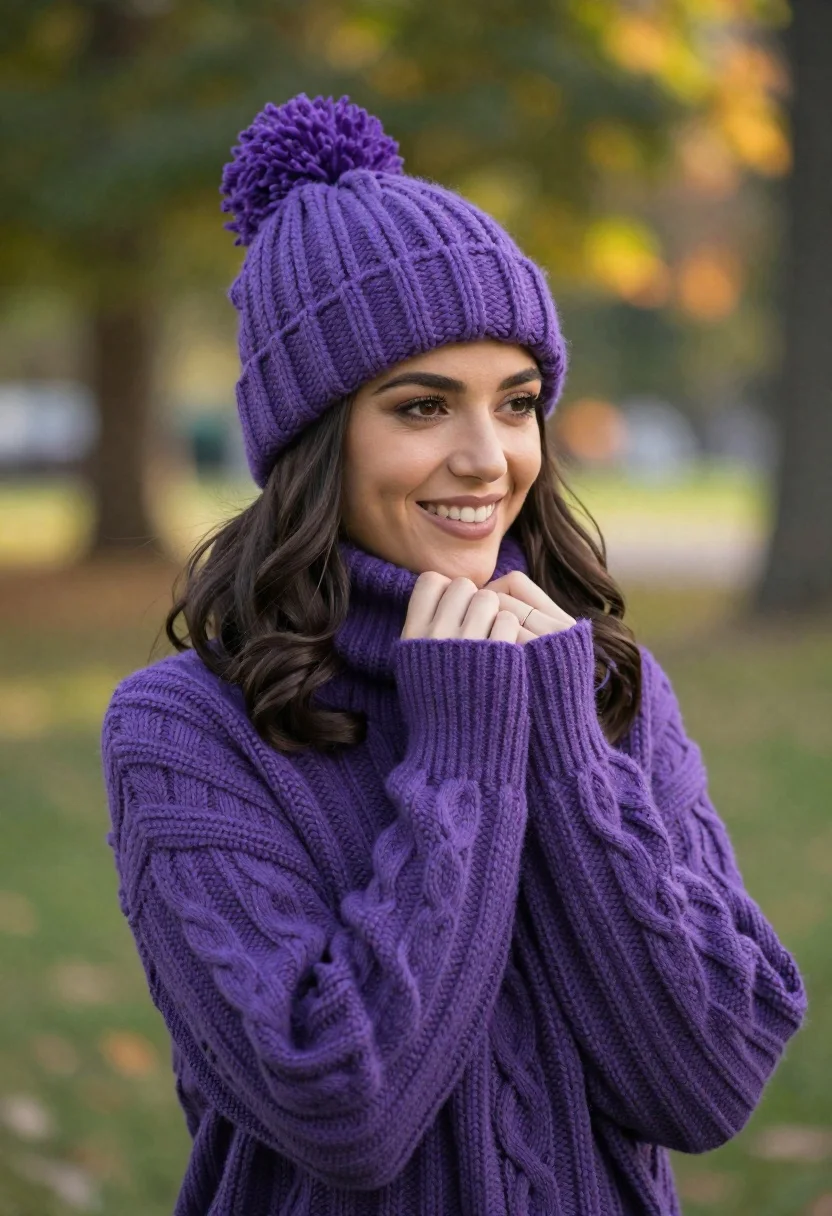 Smiling Young Woman Wearing Matching Purple Knit Beanie With Pom-pom