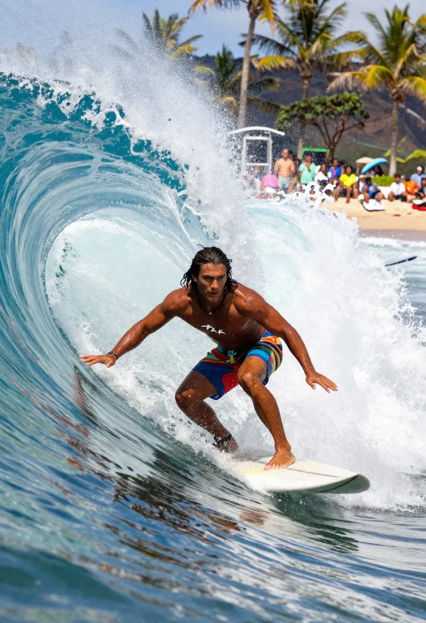 Surging Ocean Power Spectacle Fearless Surfer Man Riding Barrel Hawaii