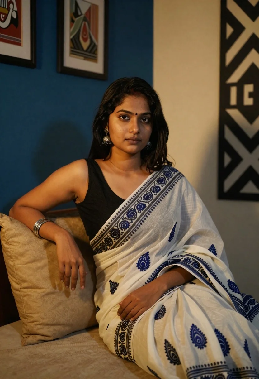 Young Woman Sits Bed Dimly Lit Room Looking Directly The reference photo