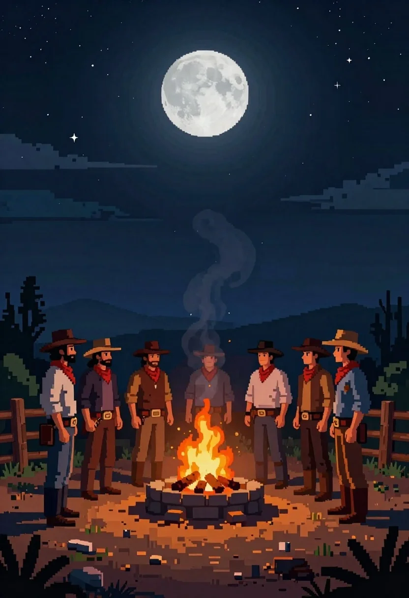 Digital Painting Pixel Art Style Depicting Group Cowboys Gathered Around reference photo