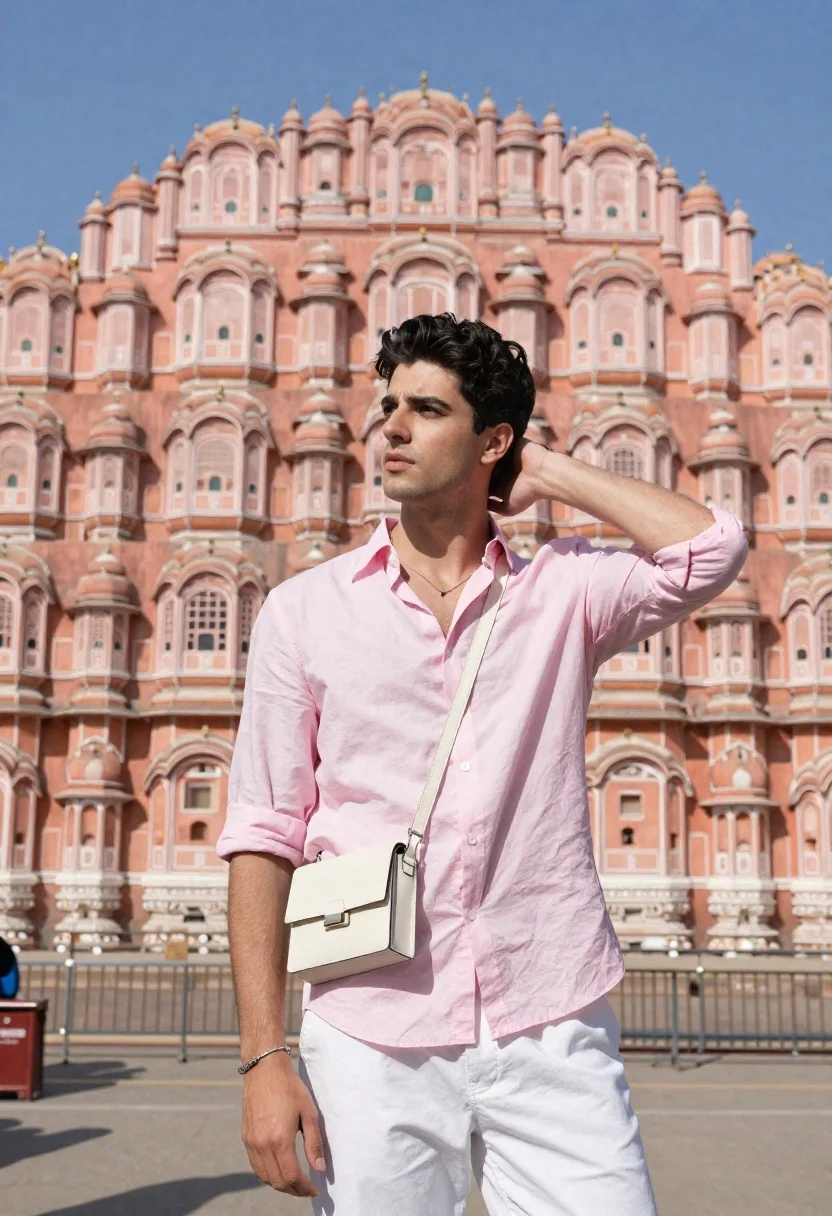 Handsome Young Man Stands Confidently Front Massive Ornate Pink Sandstone