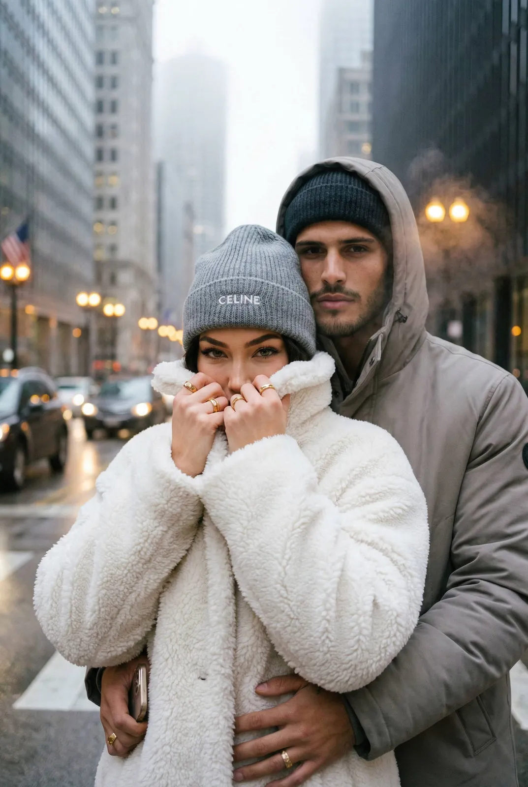 Winter Couple Foggy City Portrait