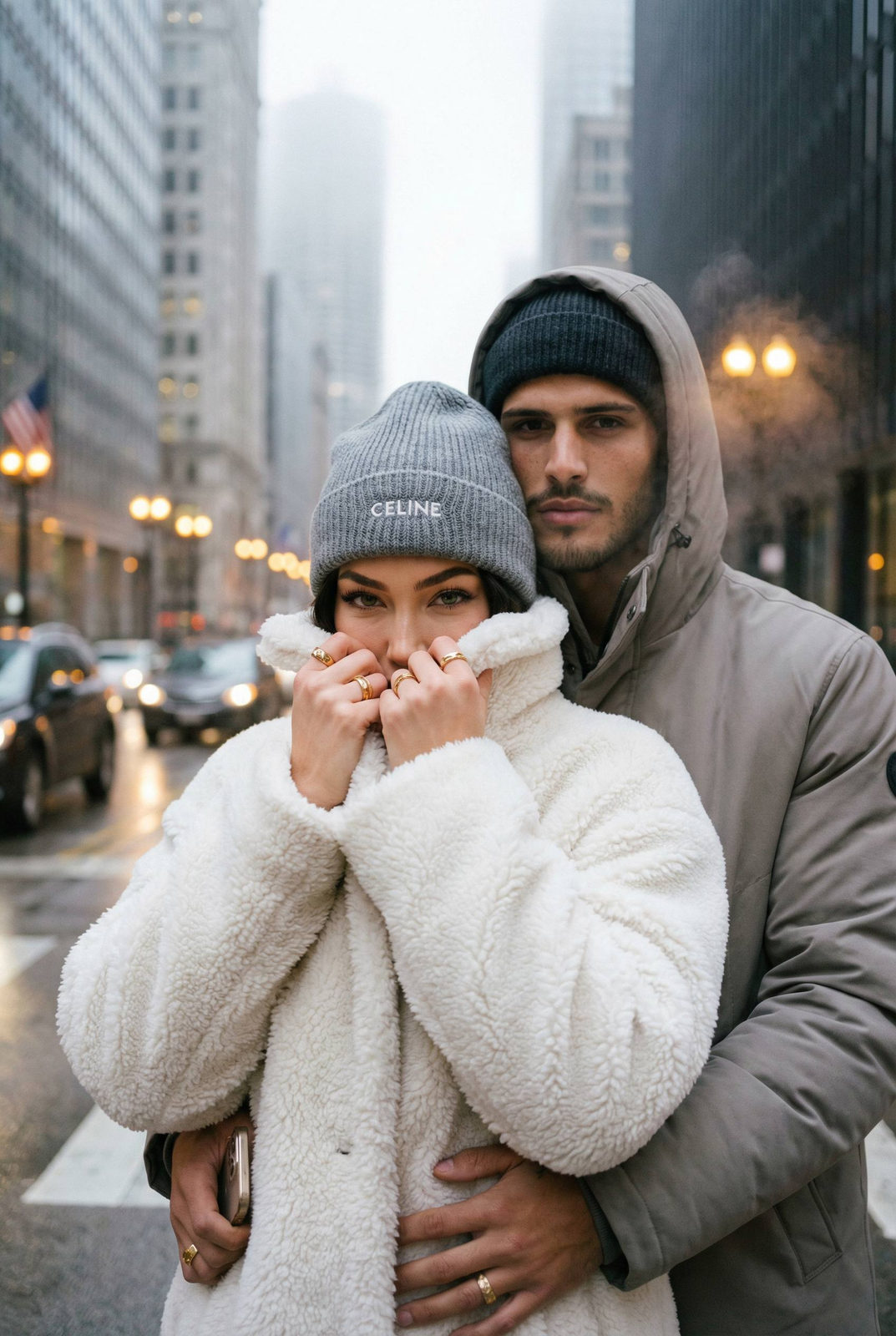 A cozy couple embraces in a foggy city, woman in white teddy coat and man in a neutral jacket, soft lighting creates a warm vibe.