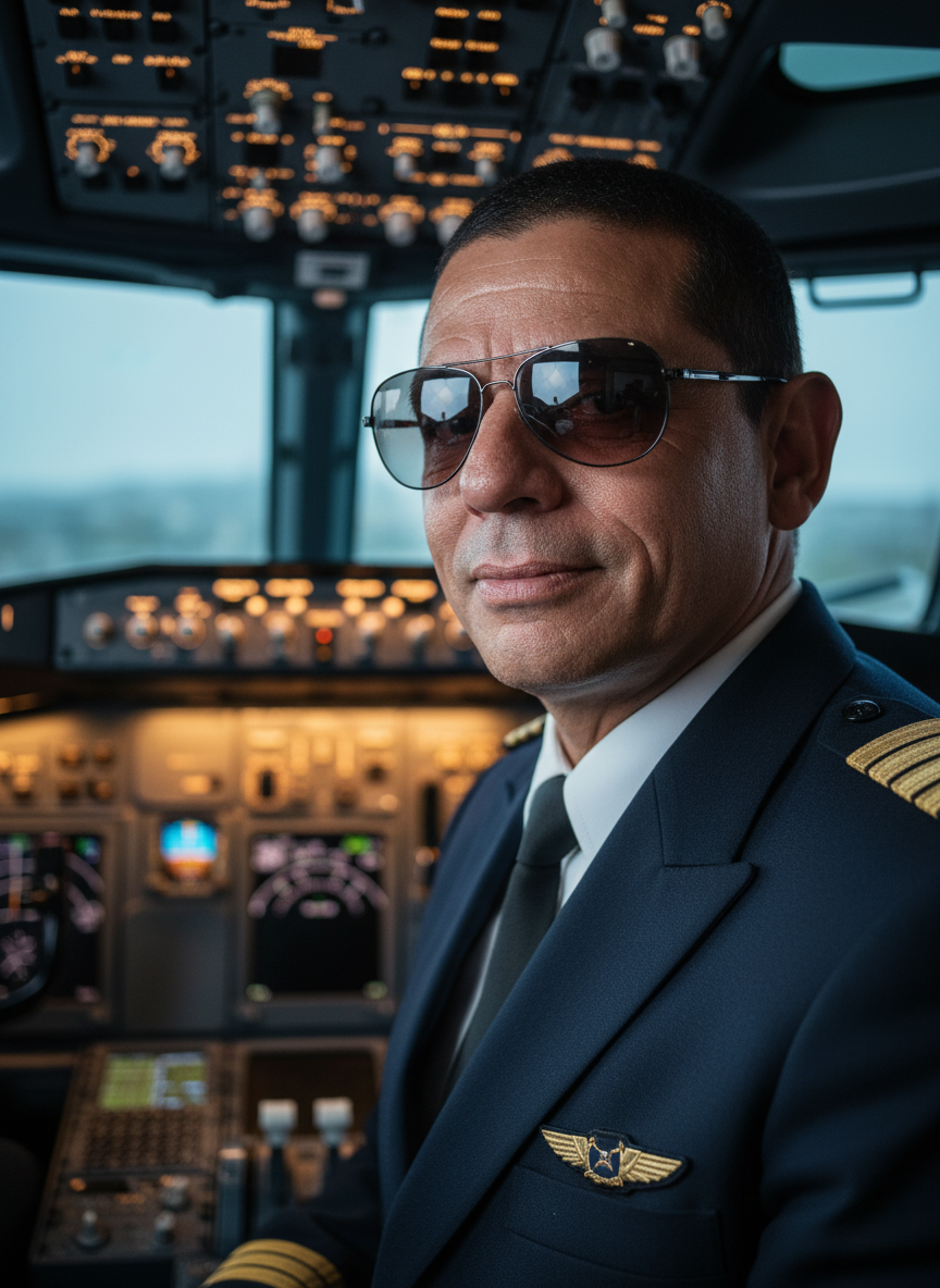 Mature man with a confident expression in a pilot uniform, surrounded by cockpit instruments and warm lighting.