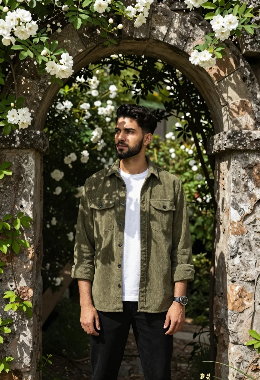 Young Man Stands Confidently The Center Rustic Stone Archway Surrounded