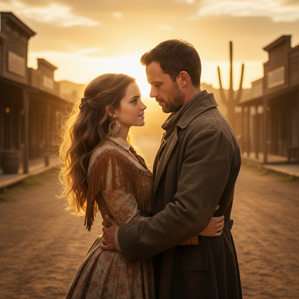 A loving couple embraces in a dusty Old West street at sunset, framed by rustic buildings and a golden glow illuminating their features.