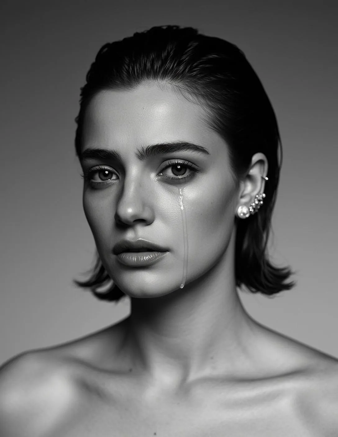 Photorealistic Black And White Medium Shot Portrait Young Woman With