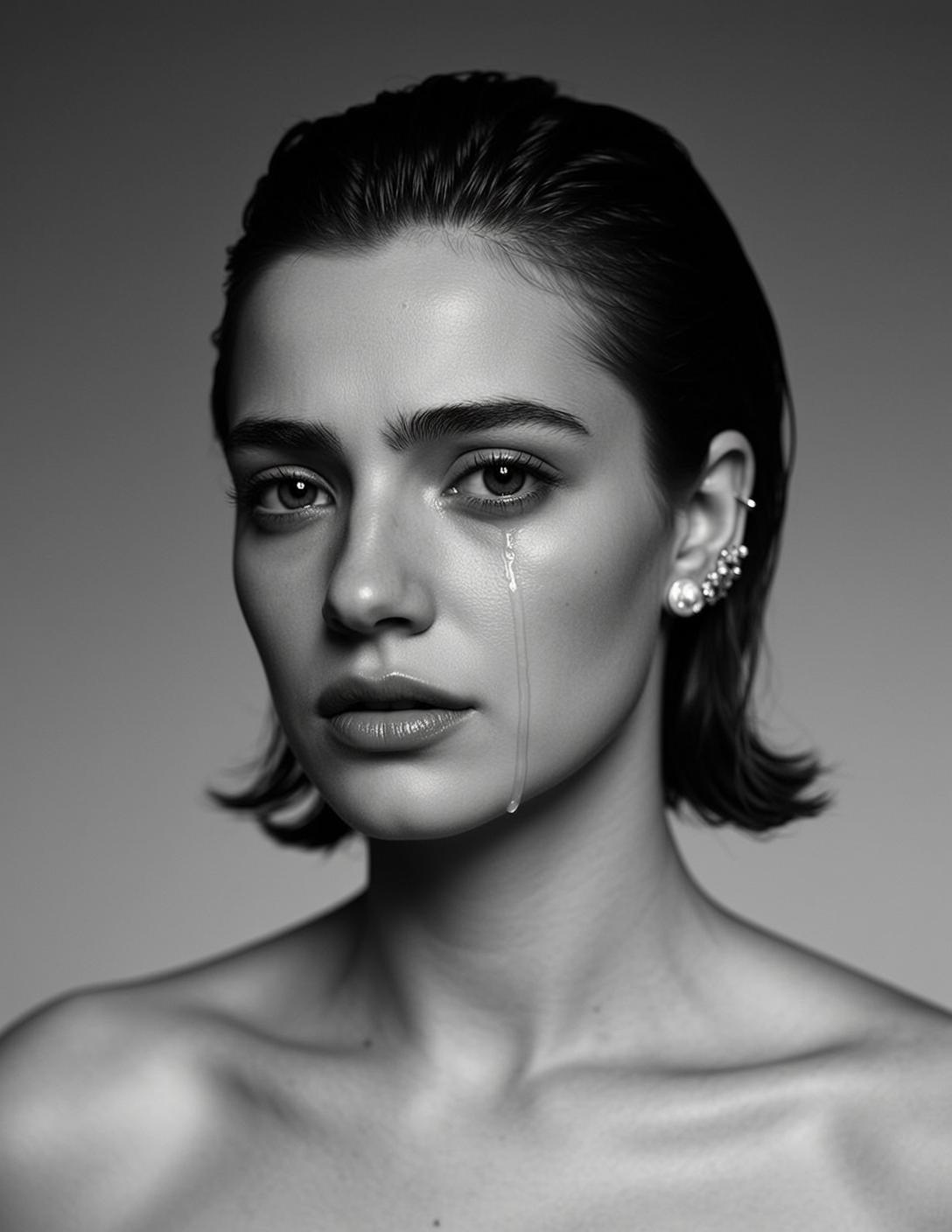 Photorealistic Black And White Medium Shot Portrait Young Woman With