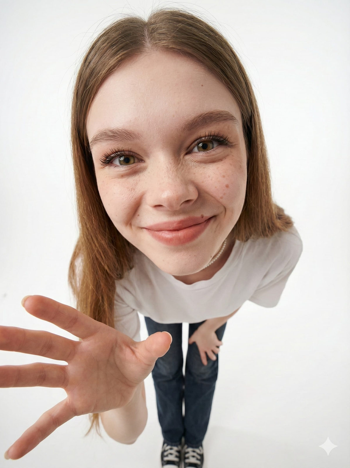 An ultra-wide angle close-up full-body portrait of a subject in a clean studio background, showcasing dynamic movements and playful expressions.
