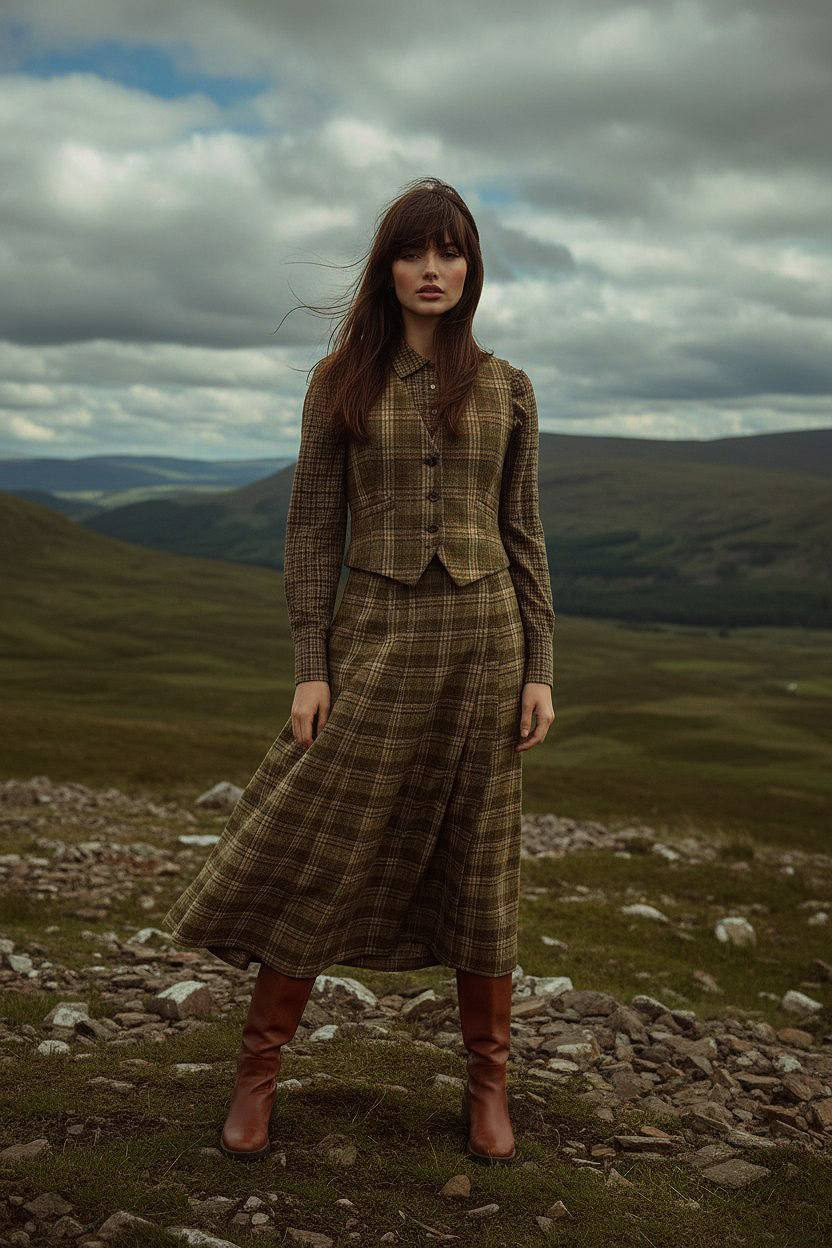 A fashionable woman in a plaid skirt stands amidst a rugged rocky landscape, surrounded by green hills under a windy sky.
