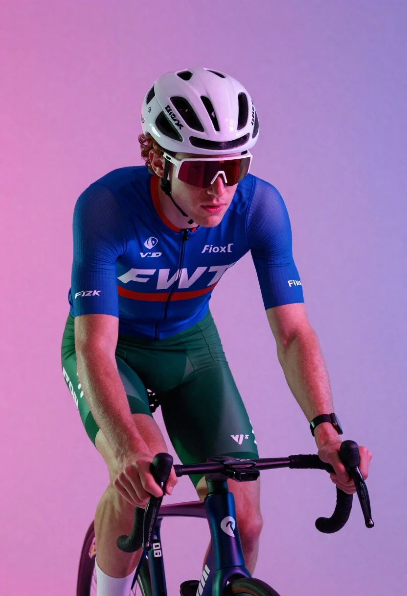 High-energy Studio Portrait Male Cyclist Aerodynamic Tuck Pose His Bike reference photo