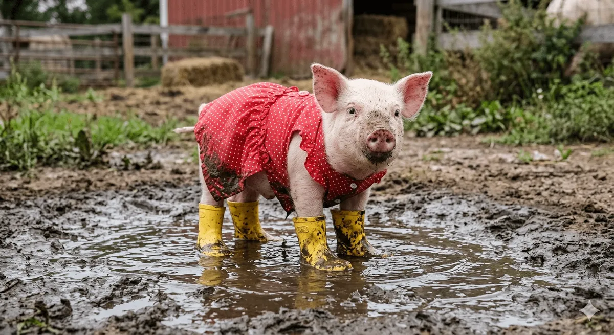 Piglet In Red Dress Muddy Puddle Farm Scene