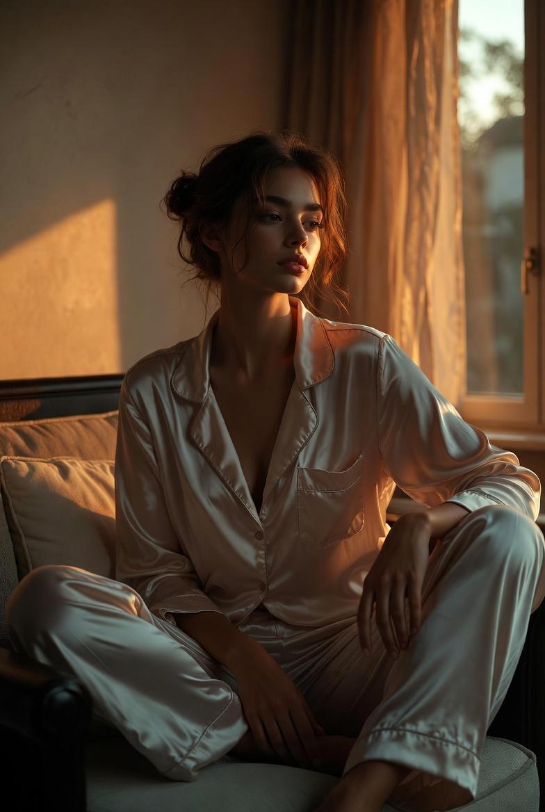 Silk Pajamas By Window Warm Golden Light