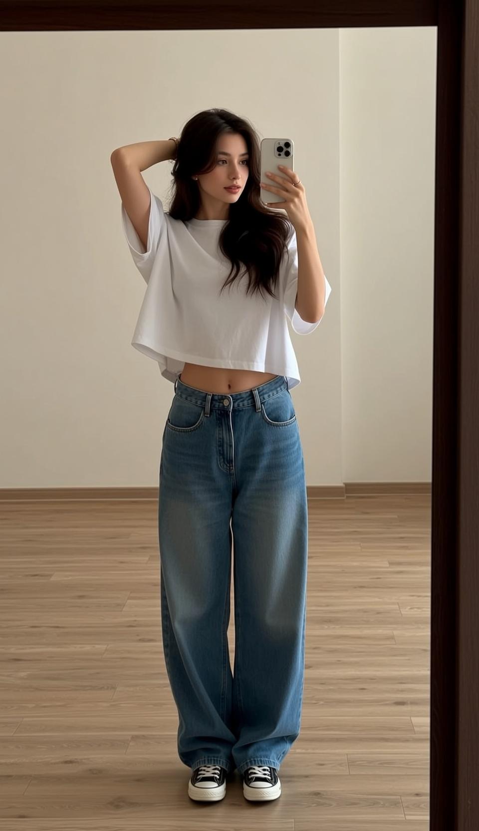Mirror Selfie White Tee Blue Jeans