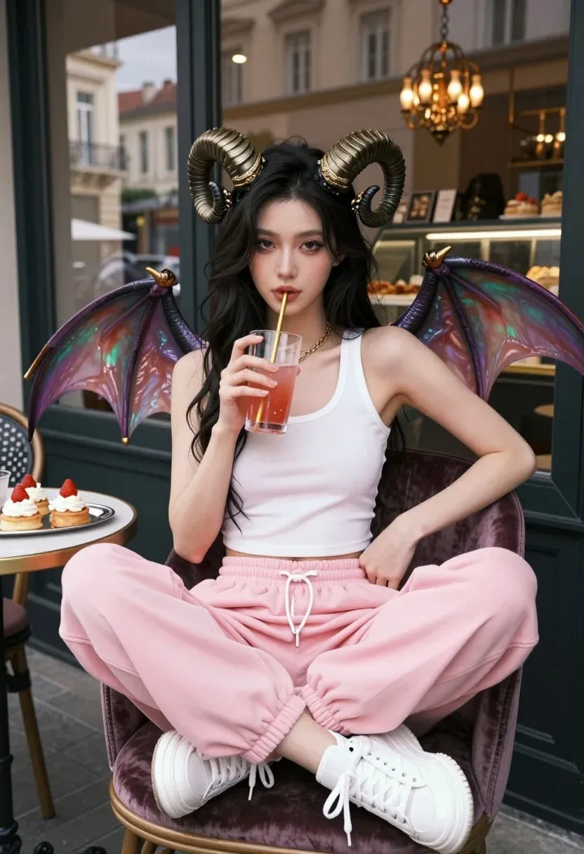 Young Woman With Dark Hair Sits Cross-legged Plush Velvet Chair