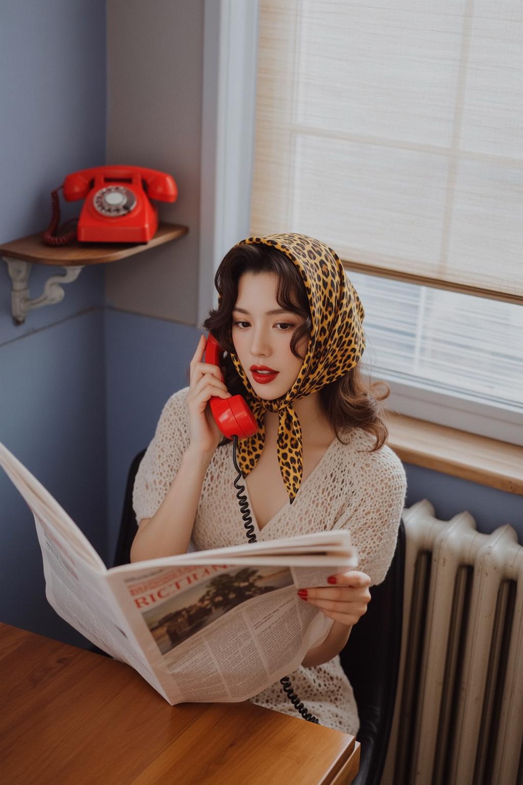 Explore Seated Holding Red Rotary Telephone Her