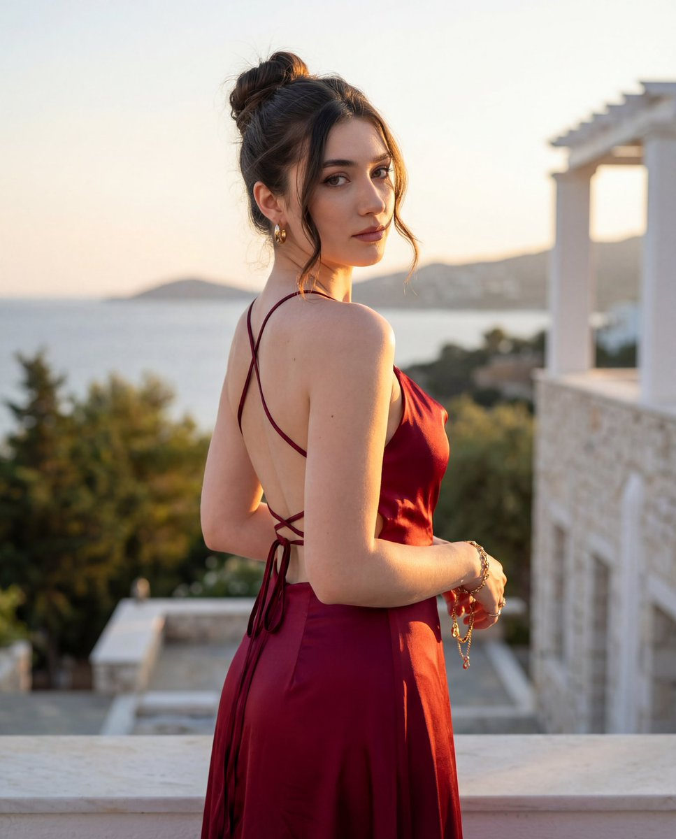 A young woman in a deep red satin evening dress stands elegantly on a luxury balcony, gazing back toward the camera.