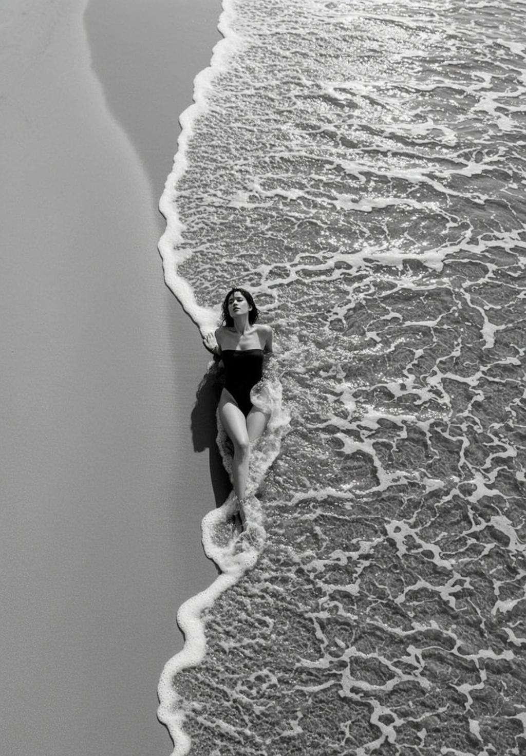 High-angle Full-body Shot Black And White Captures Woman Lying Sandy