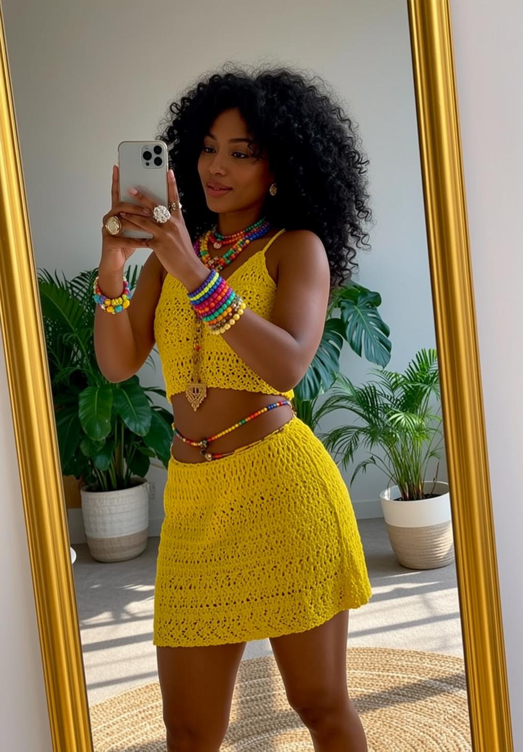 Yellow Crochet Selfie Gold Mirror Plants