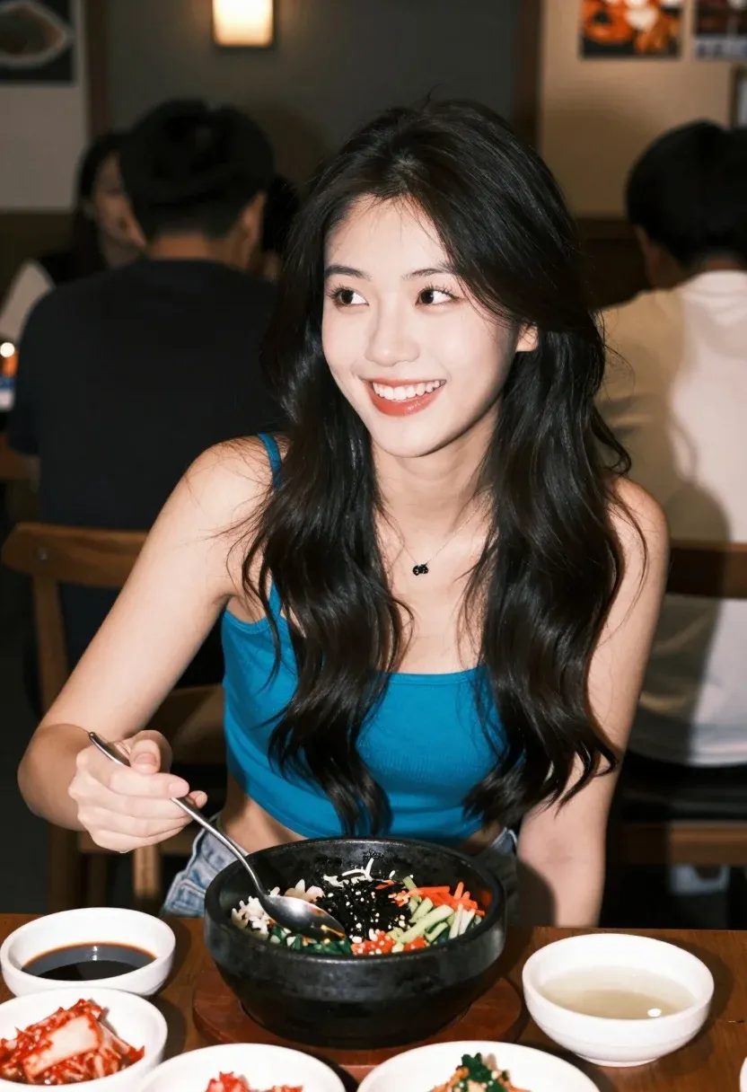 Candid Shot Young Woman With Long Dark Hair Smiling Brightly