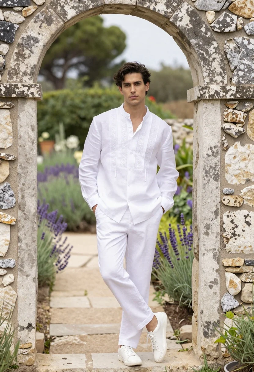 Young Man Stands Leaning Casually Against Stone Archway Outdoor Garden