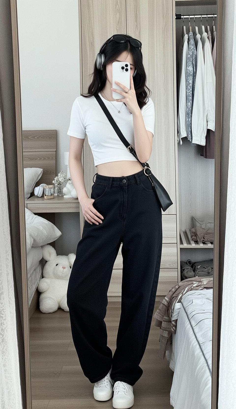 White Tee Bedroom Mirror Selfie