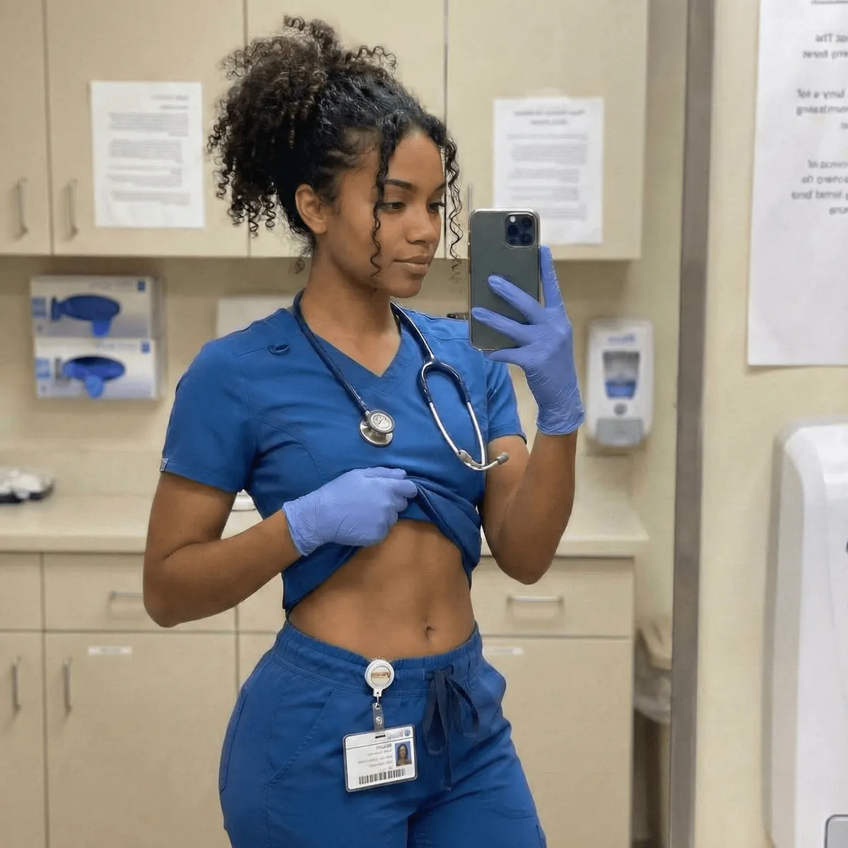 Navy Scrubs Mirror Selfie Clinical Exam Room