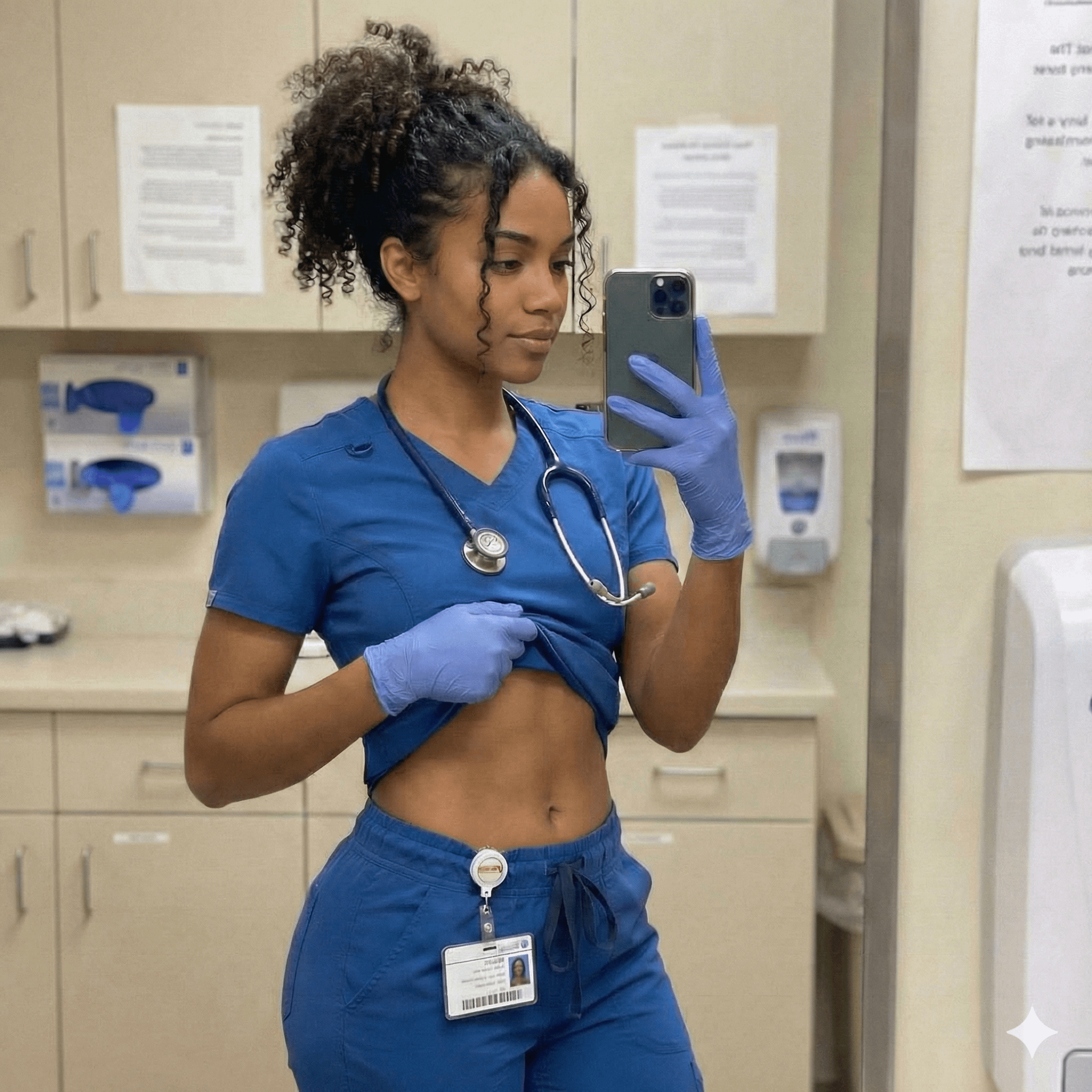 Navy Scrubs Mirror Selfie Clinical Exam Room