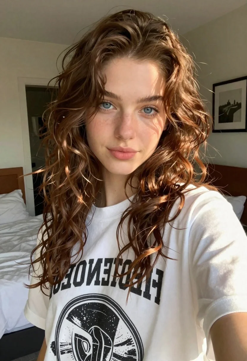 Young Woman With Wavy Brown Hair Takes Selfie Bedroom Setting reference photo