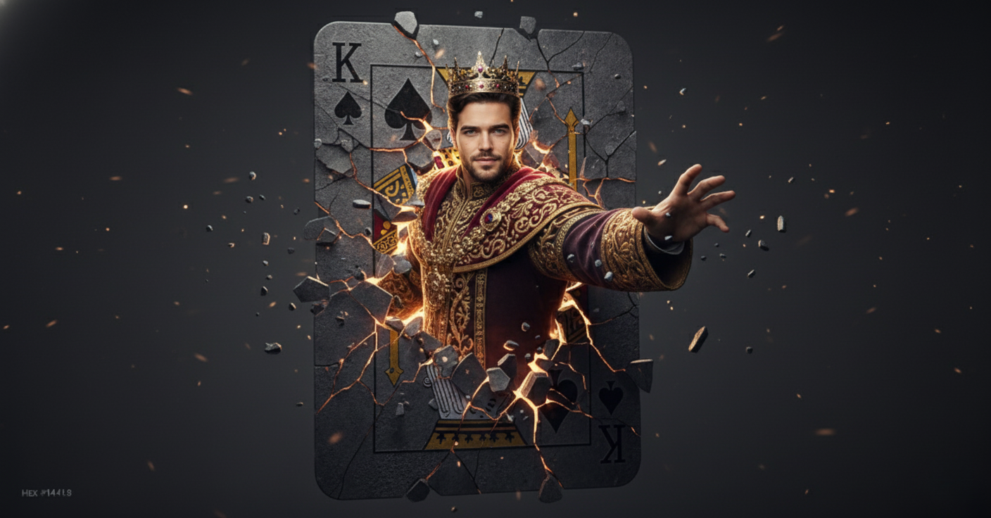 A person emerging from a shattered King of Spades card, wearing a royal crown and dark robe, against a dramatic backdrop.
