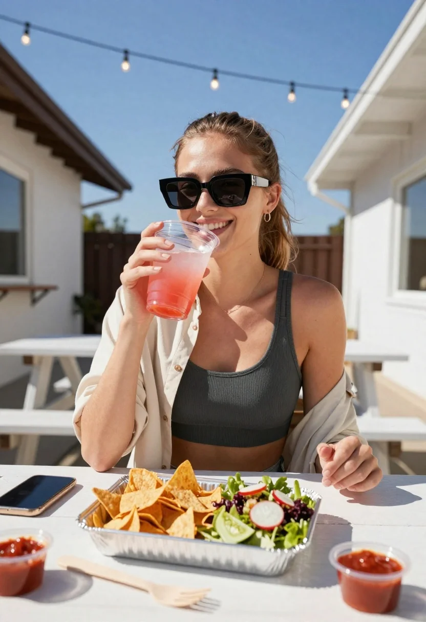 A smiling young woman sits at a white picnic table, wearing sunglasses and sipping a pink drink under bright sunlight, with a nacho tray in front.