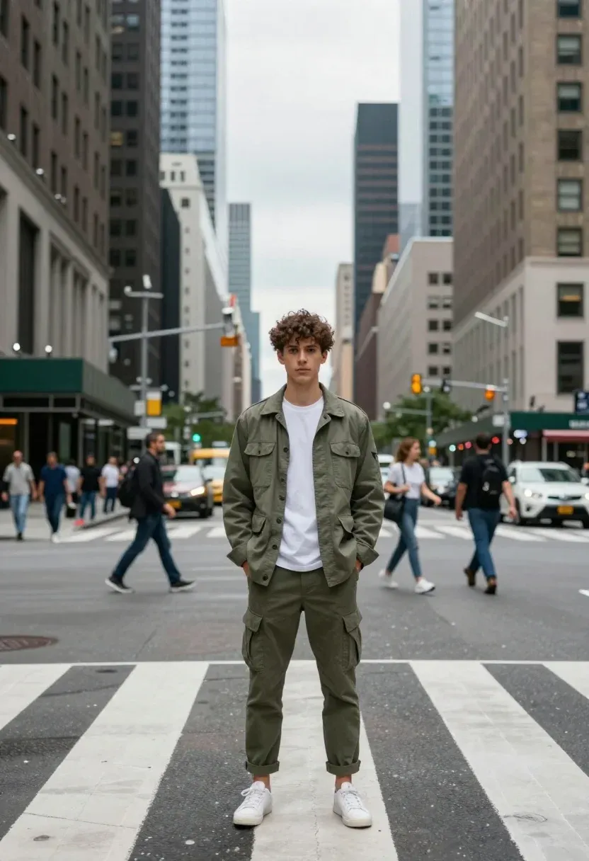 Young Man Stands Centered Busy City Crosswalk With Tall Skyscrapers
