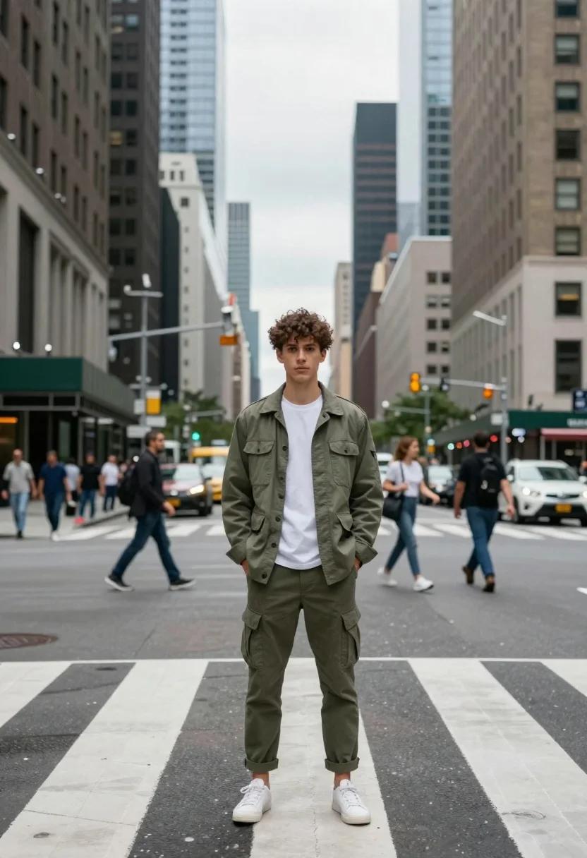 Young Man Stands Centered Busy City Crosswalk With Tall Skyscrapers