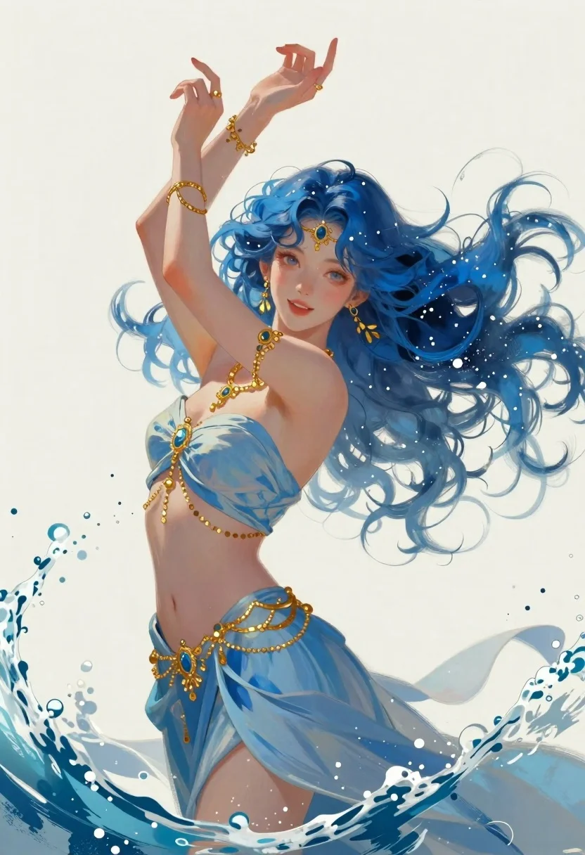 Digital Painting Graceful Woman With Flowing Blue Hair And Oceanic reference photo