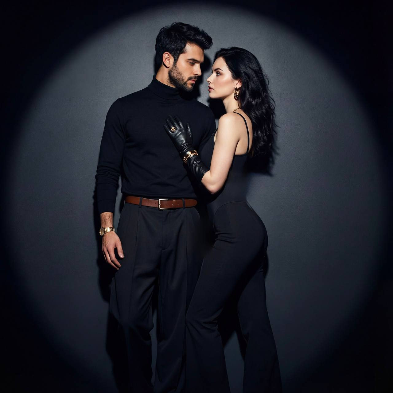 A couple posing against a wall, showcasing intense fashion energy with dramatic lighting.