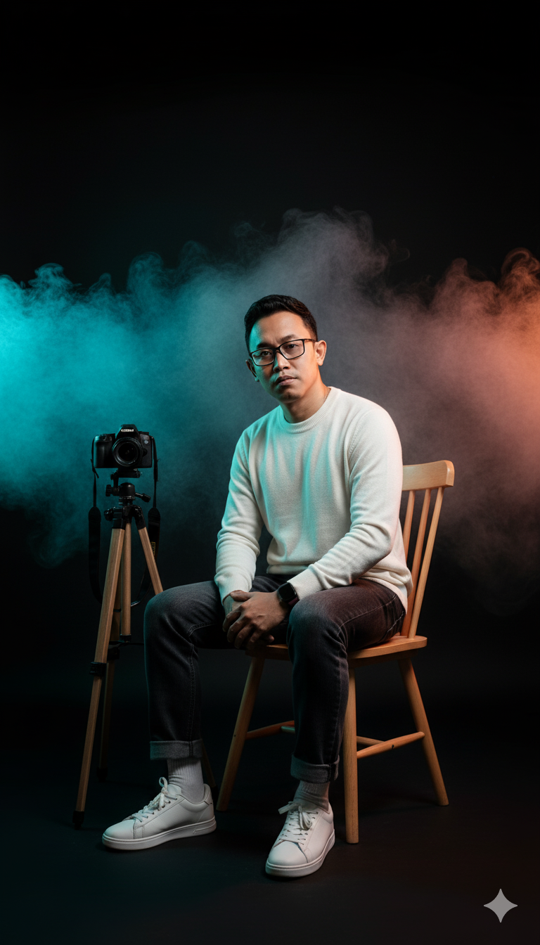 A hyper-realistic portrait of a seated subject in a light cream sweater against a black background, illuminated by cinematic lighting.