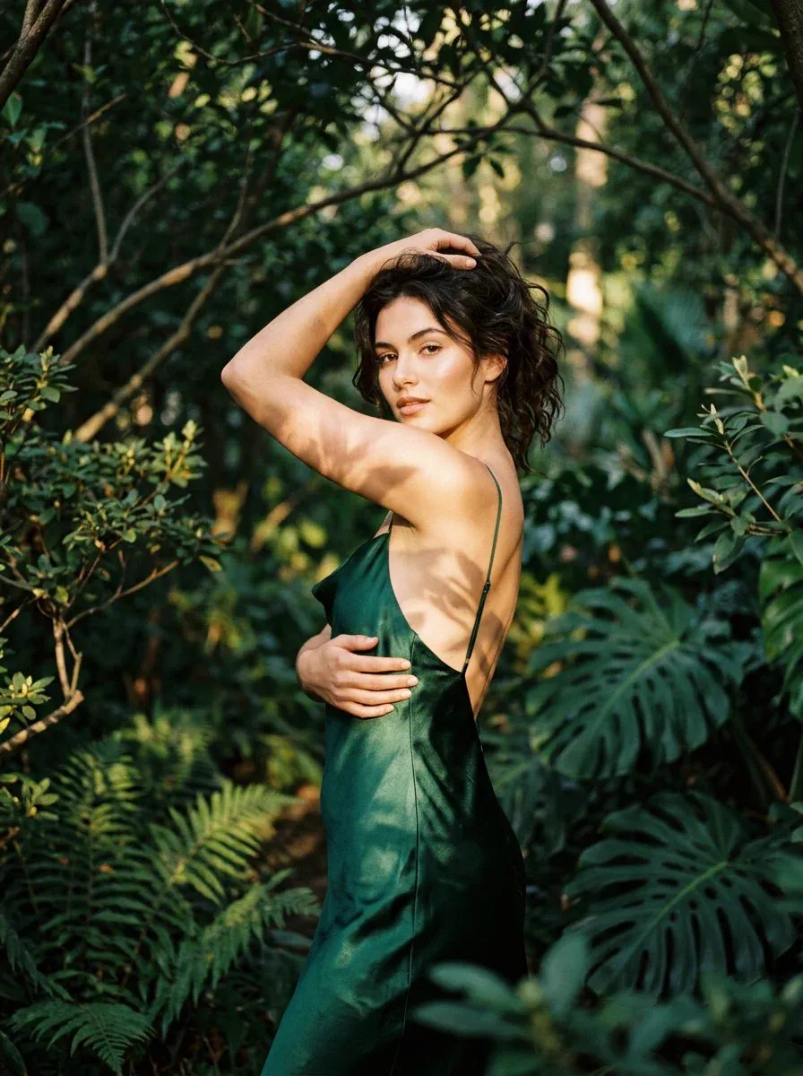 Dark Green Backless Dress Among Leafy