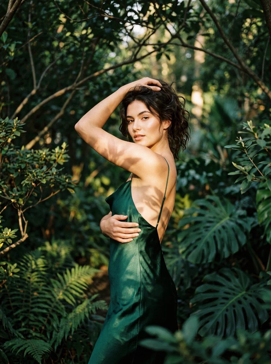 Dark Green Backless Dress Among Leafy – Using the uploaded adult subject as the identity, recreate this photographed sce