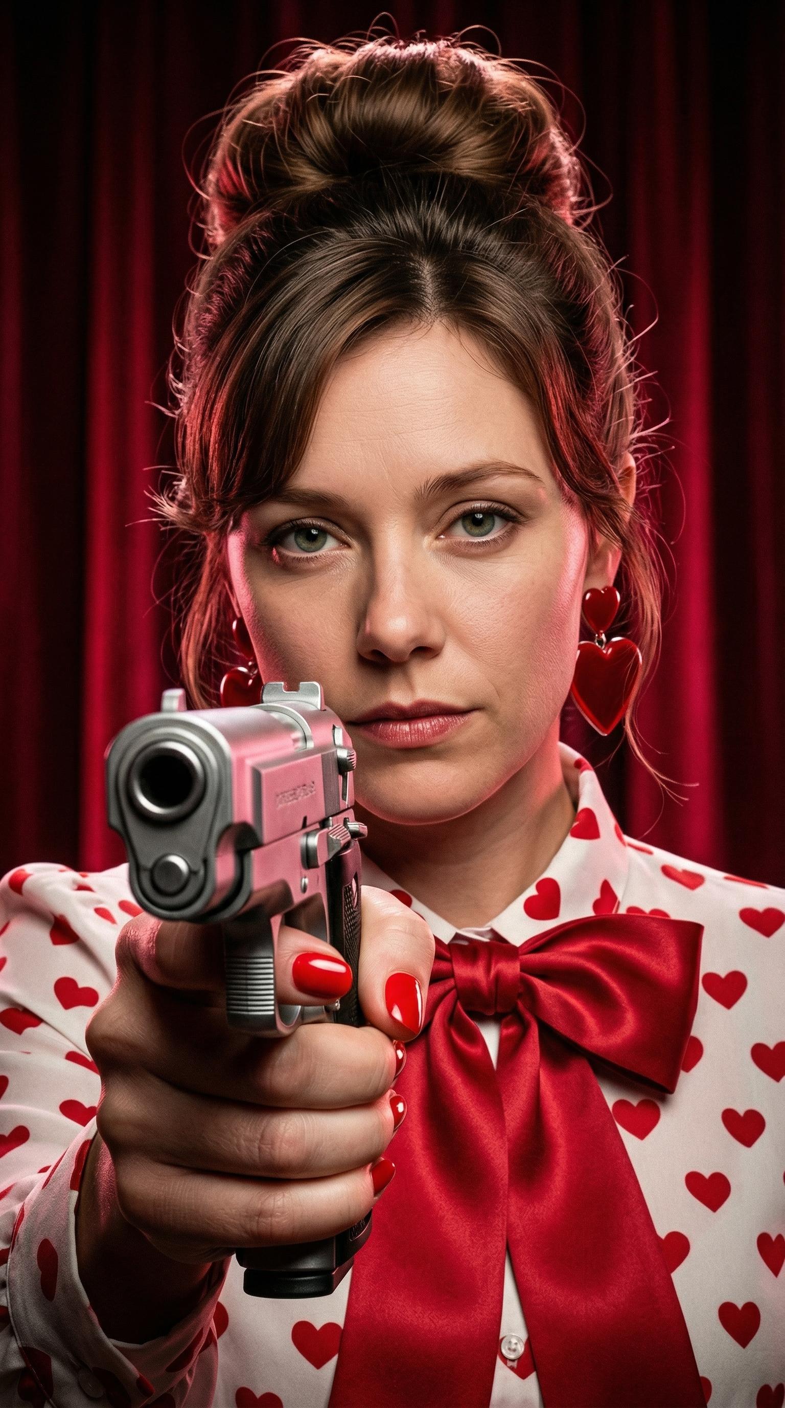 Close-up portrait of a confident woman with a silver rifle, dramatic lighting, vintage aesthetic, and red velvet curtains.