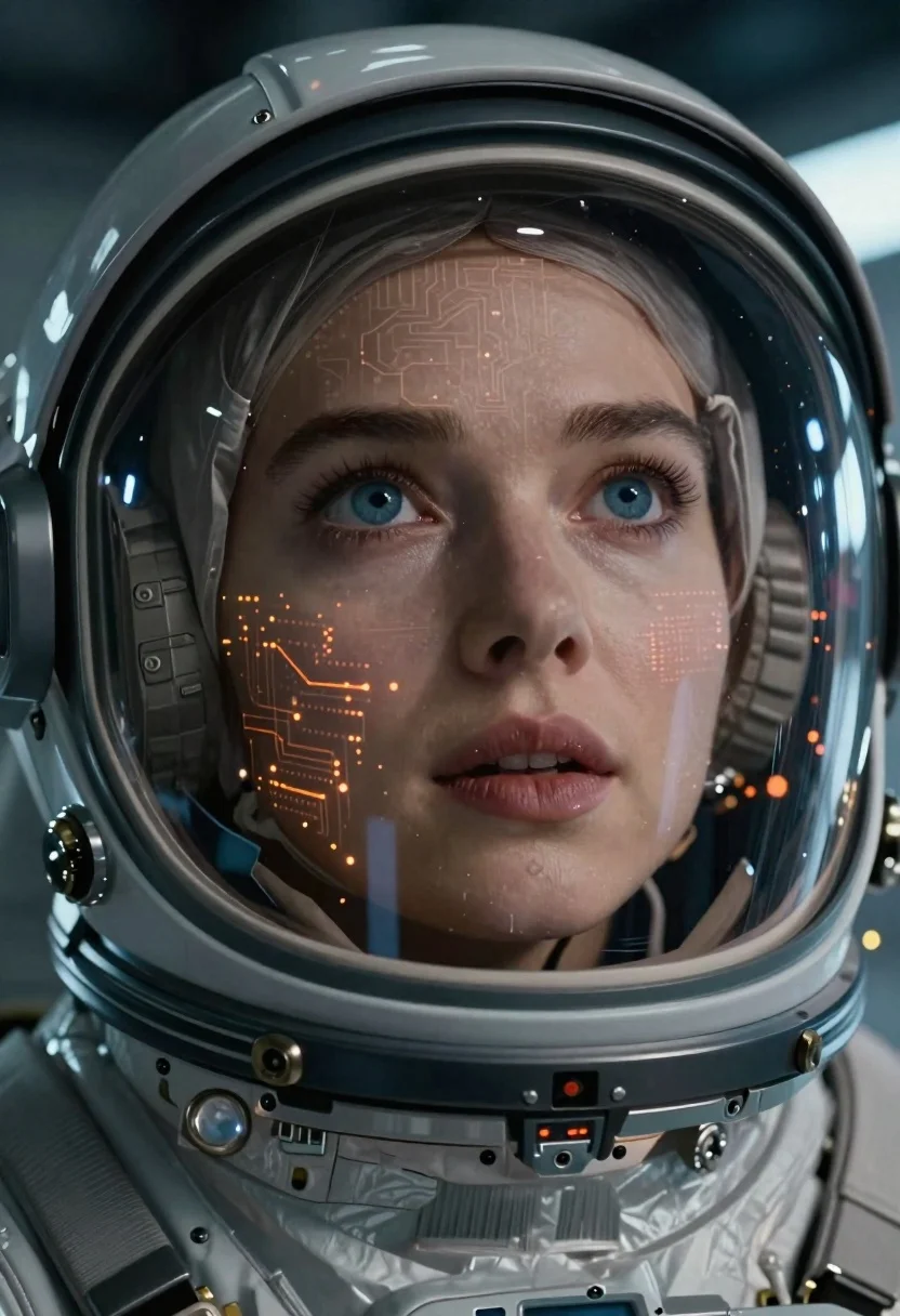 Hyper-realistic Extreme Close-up Portrait Female Astronaut Wearing Glossy Black Helmet reference photo