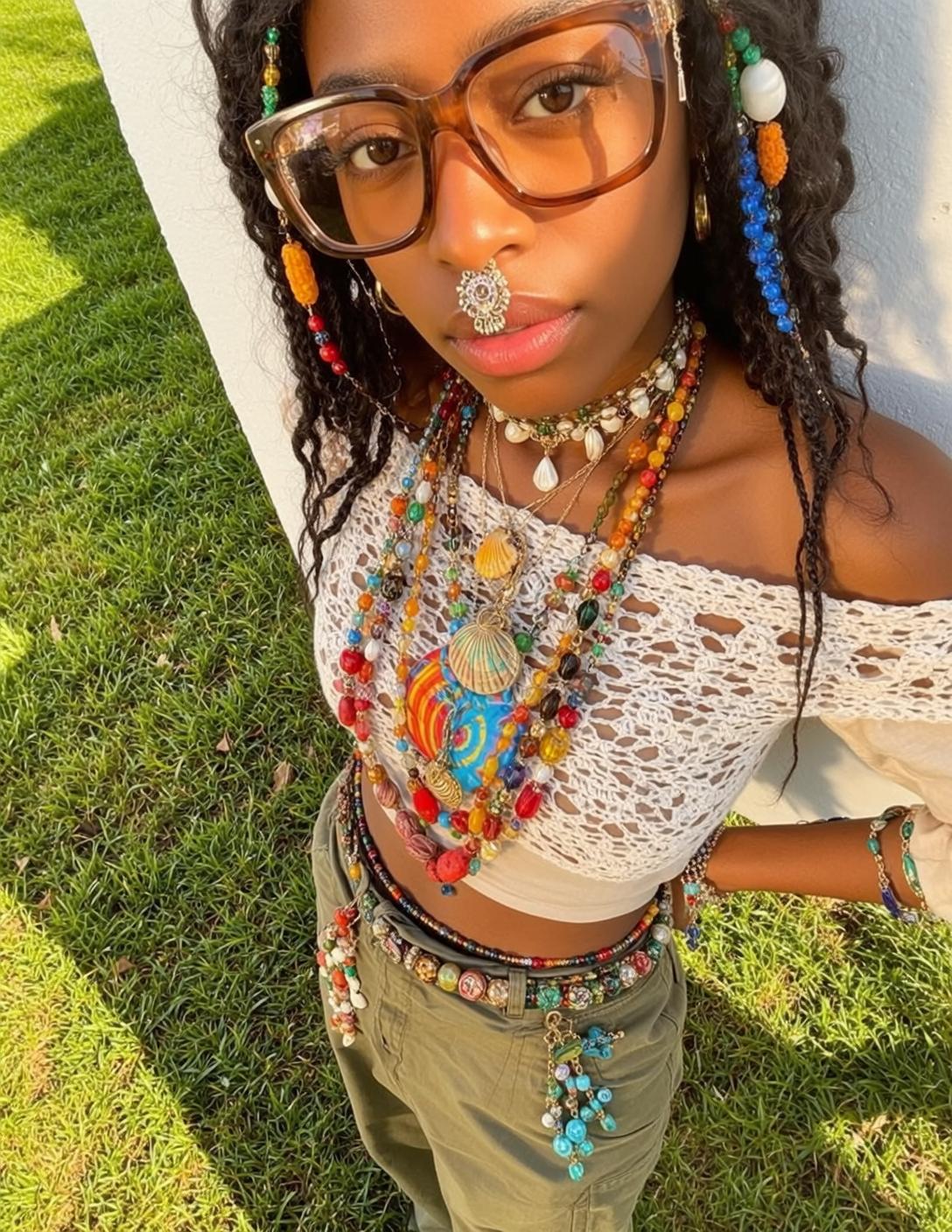 Dark Braids White Crochet Top Olive Pants Outdoors