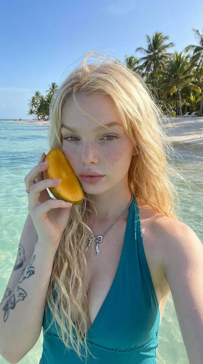 Ripe Mango Against Cheek Crystal Clear Tropical Ocean