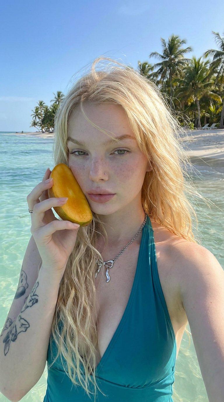 Ripe Mango Against Cheek Crystal Clear Tropical Ocean