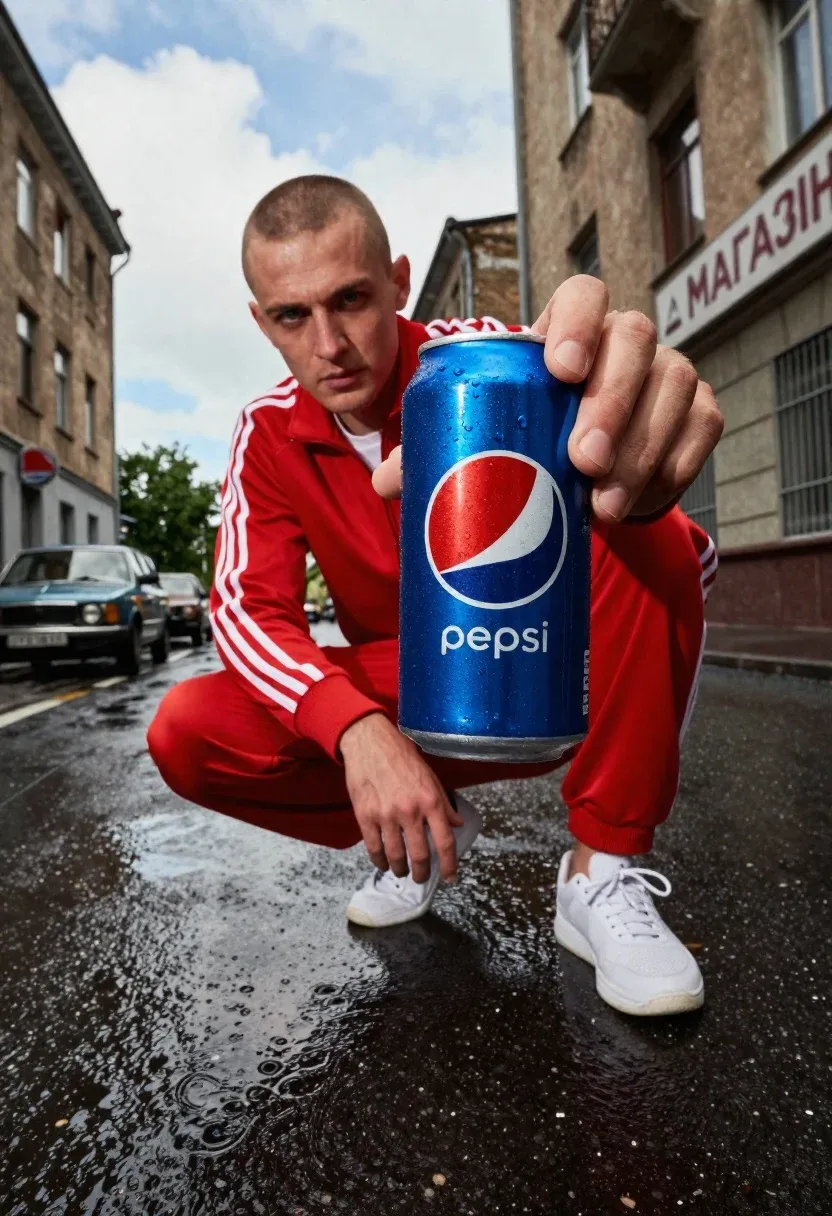Low-angle Shot Man Crouching Wet Urban Street While Holding Large