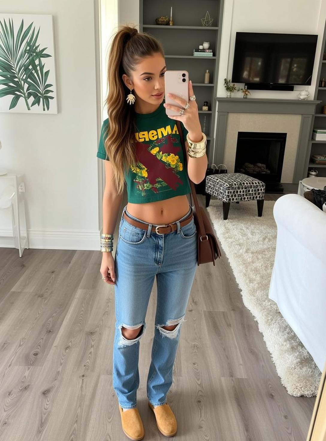 Ripped Jeans Taking Selfie In Living Room