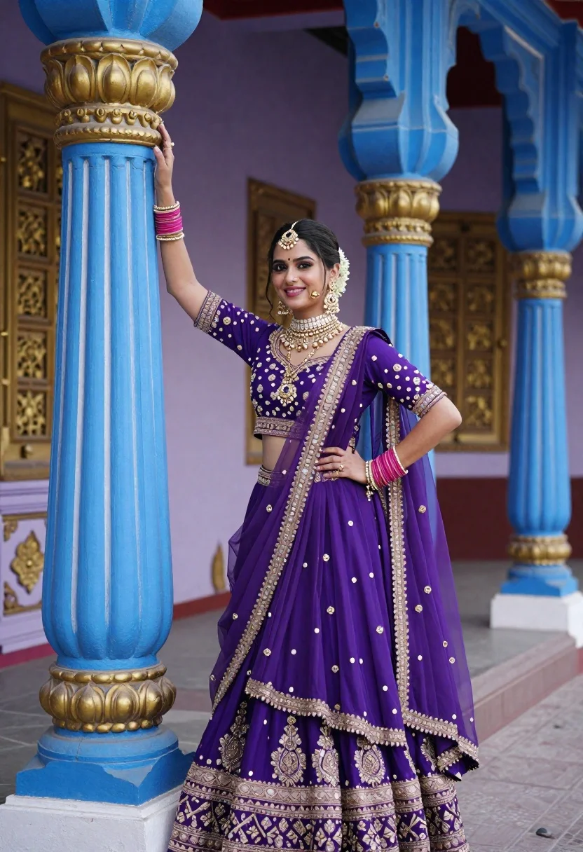 Young Woman Vibrant Purple Lehenga Stands Gracefully Front Ornate Blue reference photo