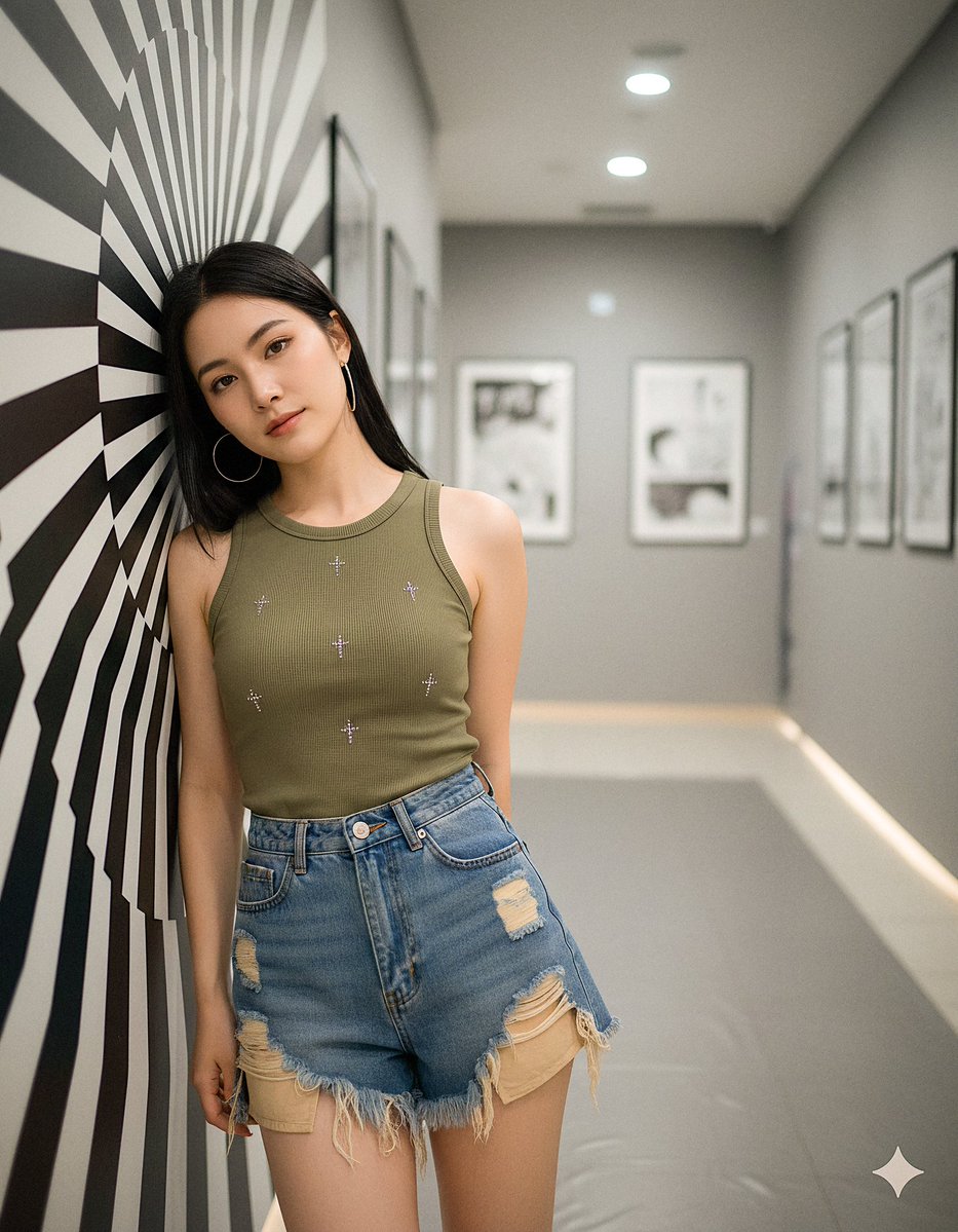Portrait of a young woman with long, straight hair leaning against a mural in a modern gallery, wearing a fitted olive tank top and distressed denim shorts.