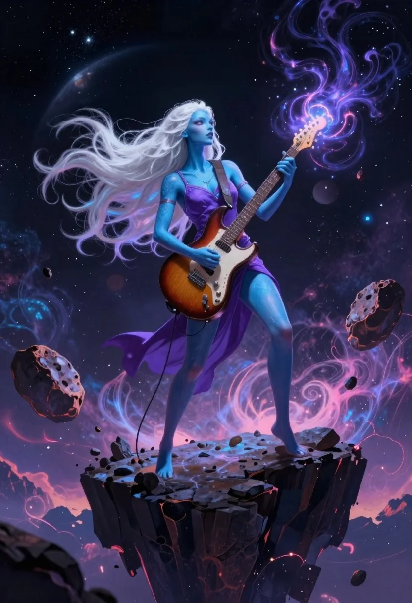 Electric Digital Painting Alien Rock Goddess Strumming Guitar Atop Floating reference photo