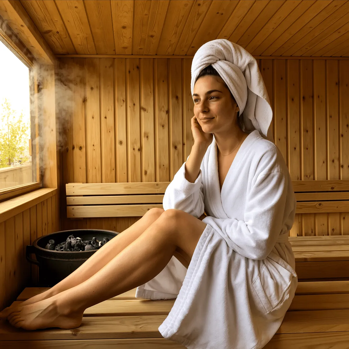 Cedar Wood Sauna Plush White Bathrobe Steam From Heater