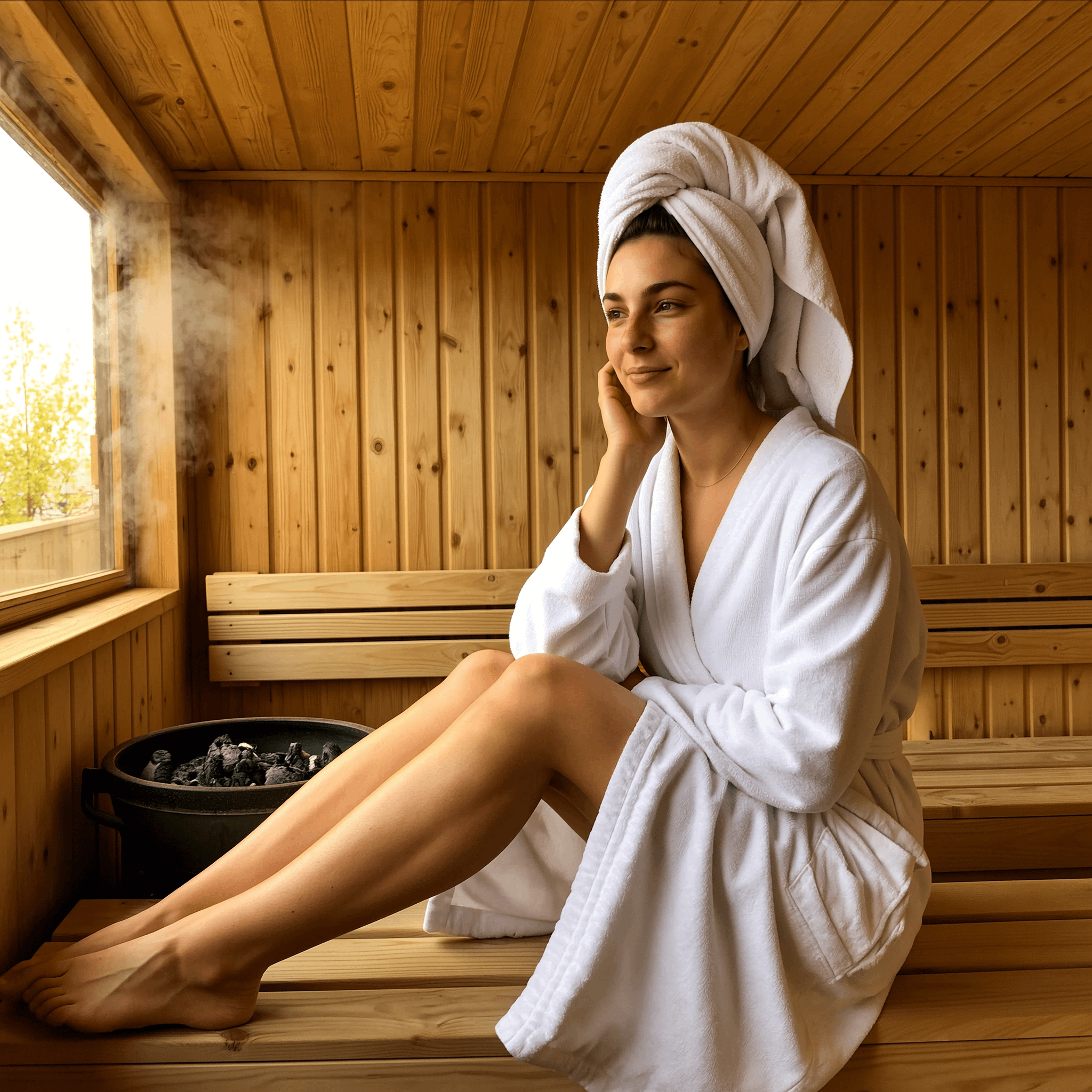 Cedar Wood Sauna Plush White Bathrobe Steam From Heater